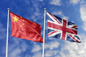 3d illustration. China and United Kingdom Flag waving in sky. High detailed waving flag. 3D render....