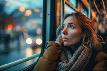 A young woman is captured gazing out the bus window, immersed in thought with a soft focus urban background