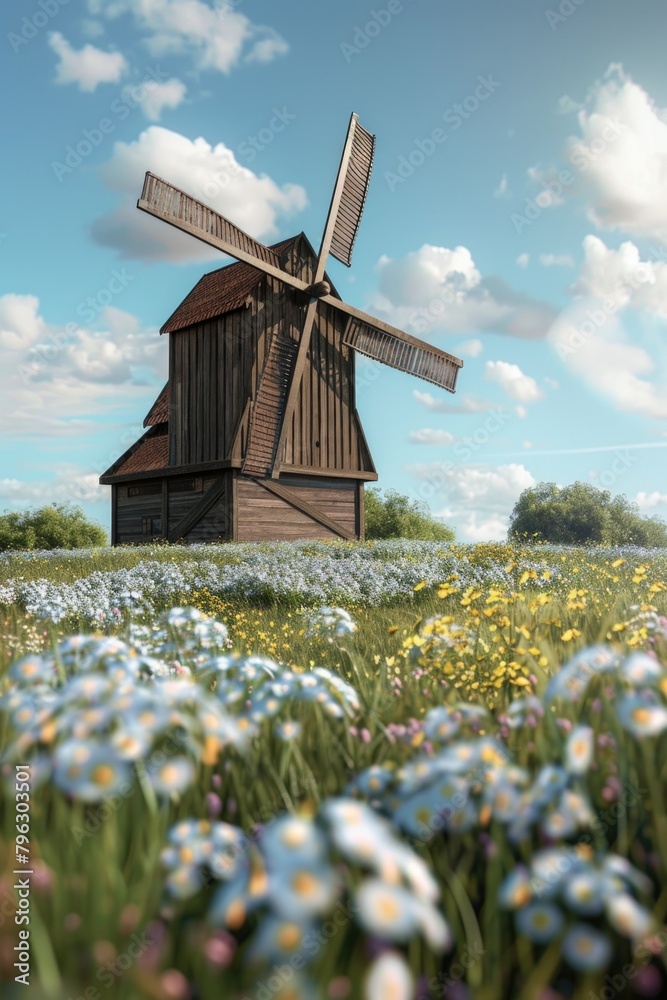Poster scenic view of a windmill surrounded by colorful flowers. ideal for nature and landscape concepts