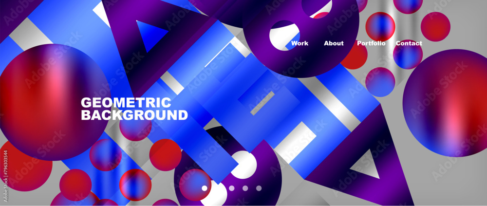 Poster geometric background featuring circles, triangles, and balls in red, blue, and violet. the material 