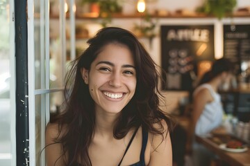 Woman smiling at store entrance waitress in coffee shop small business owner. Concept Small Business Owner, Coffee Shop, Woman Smiling, Store Entrance, Waitress