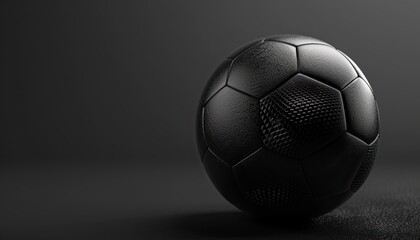 Black football or soccer ball on a matching black background with highlight on the textured surface...