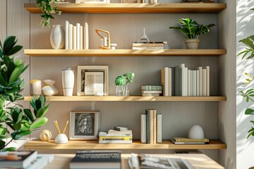 Stylish and neatly organized bookshelf with books, plants, and sculptures in a contemporary living space.