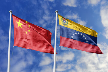 3d illustration. China and venezuela Flag waving in sky. High detailed waving flag. 3D render....