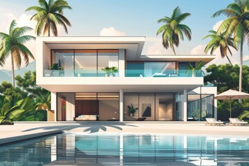 Beachfront Villa on Light Background. Sleek and Modern Design Tropical Residence.