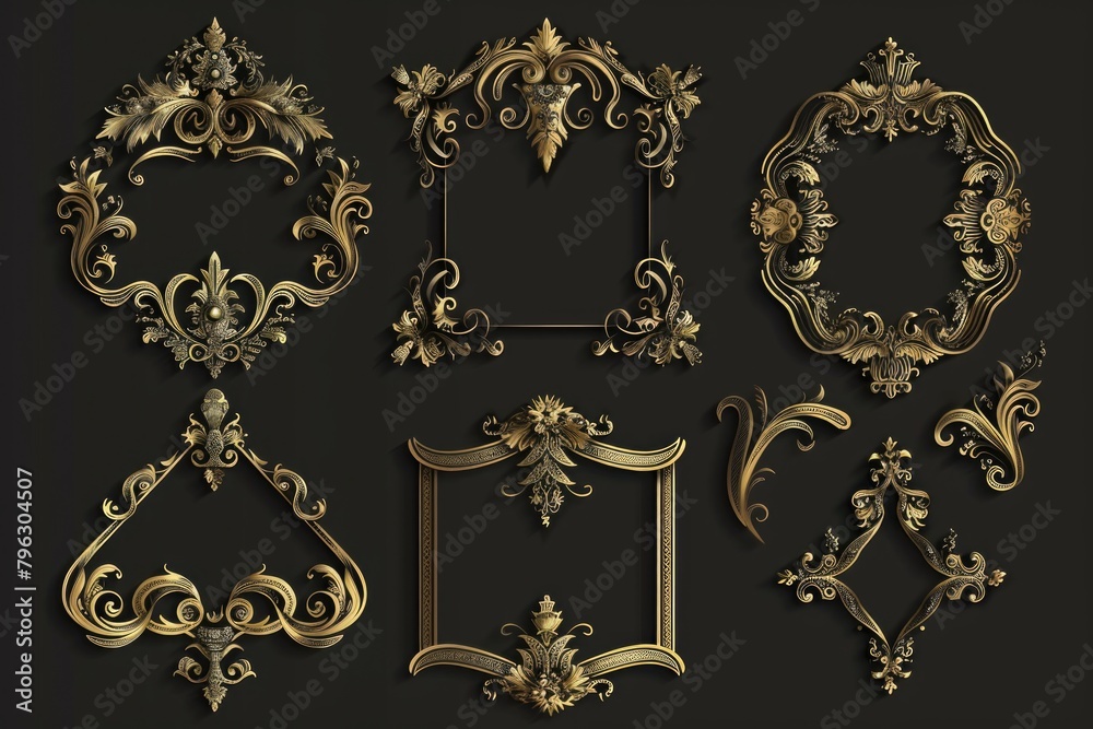 Poster collection of elegant gold frames on a dark backdrop. ideal for luxury design projects