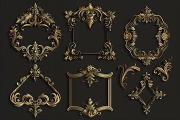 Collection of elegant gold frames on a dark backdrop. Ideal for luxury design projects