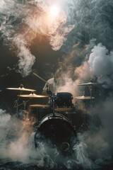 A drum set with smoke coming out of it. Ideal for music and concert themes