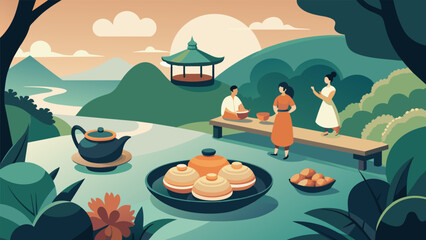 In a peaceful garden in China a group gathers around a teapot filled with fragrant oolong tea complimented by savory pork buns and flaky egg - obrazy, fototapety, plakaty