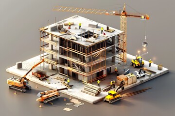 Detailed Construction Site and Miniature Models Depicting Industrial Progress and Urban Development