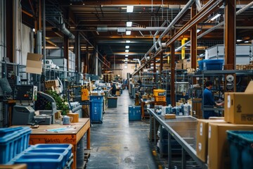Documentary photography of a bustling eco-friendly modern factory emphasizing sustainability and industrial efficiency, workers using renewable energy sources
