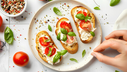 Plate of tasty toasts with cream cheese on white tile background