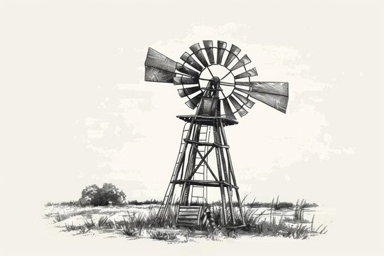 A picturesque drawing of a windmill in a serene field. Ideal for agricultural and rural concepts