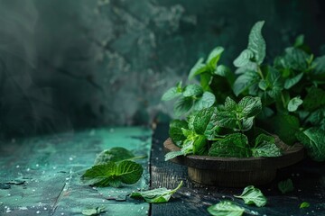 A wooden bowl filled with fresh mint leaves, perfect for culinary and herbal concepts - obrazy, fototapety, plakaty