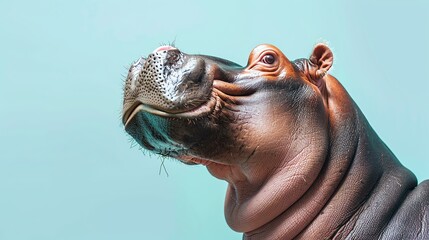 A close-up of a hippopotamus's face. The hippopotamus is looking to the right of the frame. Its skin is wet and glistening.