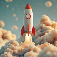 A majestic white rocket blasts through a sea of fluffy clouds, reaching for the unknown - obrazy, fototapety, plakaty