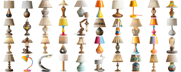 Big collection set of lamp in various styles retro vantage and modern bedside nightstand lighting different table lamp for interior decoration furniture element, isolated on transparent background