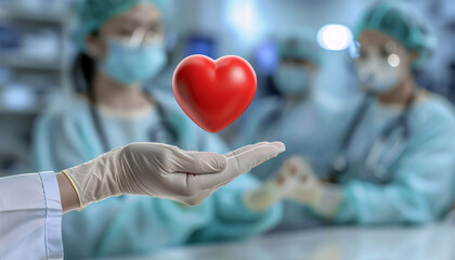 The hand wearing blue medical glove holding a red heart model for concept doctors treat and care for patients with heart or cardiology heart disease. Hospital on the background.