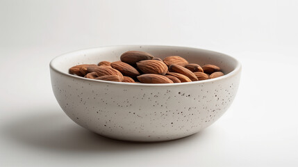 A minimalist composition featuring a white matte ceramic bowl filled with nutritious almonds. Set against a clean white background, this simple yet elegant presentation accentuates the natural beauty 