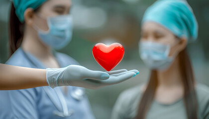The hand wearing blue medical glove holding a red heart model for concept doctors treat and care for patients with heart or cardiology heart disease. Hospital on the background.