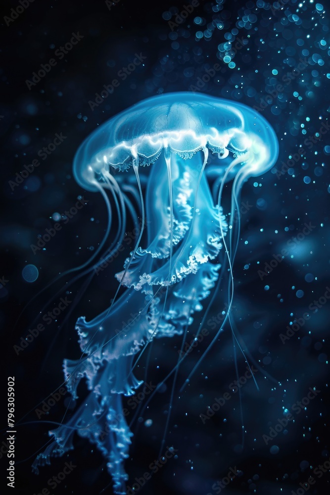 Poster a jellyfish floating in the water with bubbles, perfect for aquatic themes