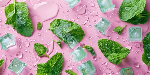 Fresh and cool pink background with ice cubes and mint leaves, perfect for summer themes - obrazy, fototapety, plakaty