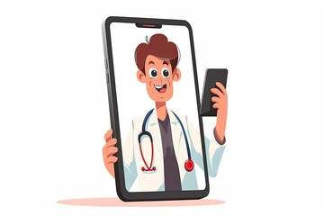 Cartoon Illustration Doctor's Consultation by Phone Online Visit to Pediatrician Video Call to Medical Specialist isolated on white