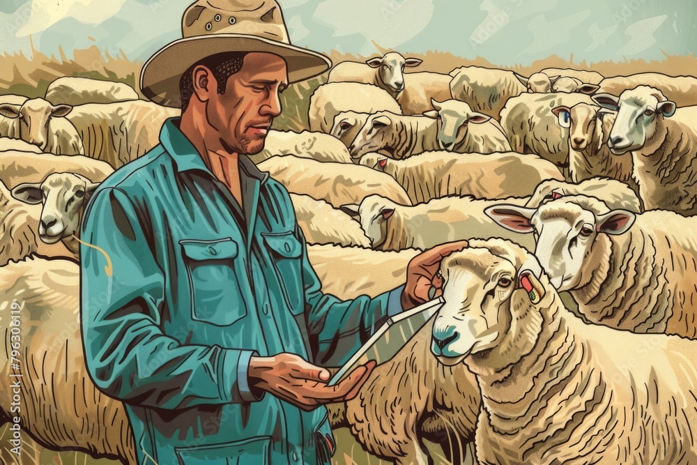 Poster A man standing in front of a herd of sheep. Suitable for agriculture concepts