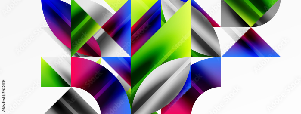 Poster a vibrant and symmetrical geometric pattern featuring colorful triangles and rectangles on a white b