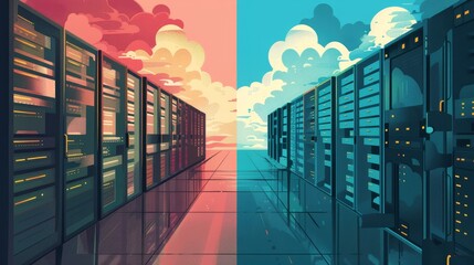 Sunset and technology merge in data center concept, tech industry