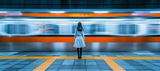 Woman patiently standing on the train platform waiting for the arrival of the next train