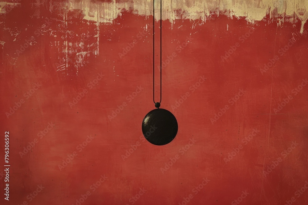 Poster A black object hanging from a vibrant red wall. Perfect for adding a pop of color to any design project