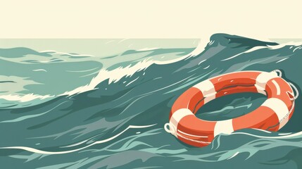 Lifebuoy in stormy sea, symbolizing rescue and safety - obrazy, fototapety, plakaty