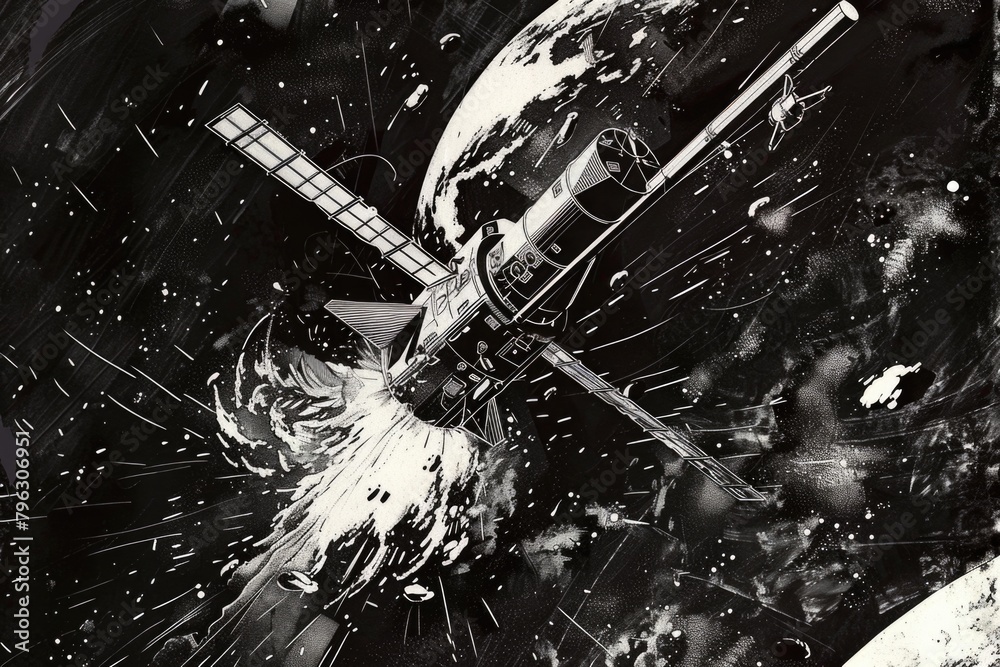 Poster A monochromatic image of a space station, suitable for various design projects