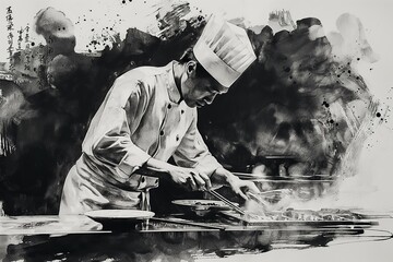 Traditional Chinese Ink Painting of Chef Cooking Culinary Masterpiece in Classic Black and White - Culinary Artistry