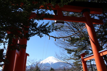 Japanese traditional shrine gate with Mount Fuji