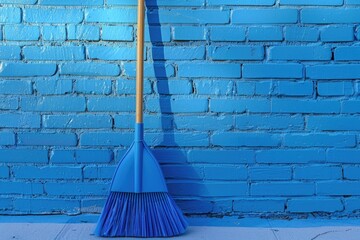 Broom standing against a textured blue brick wall. Suitable for cleaning or Halloween themed designs