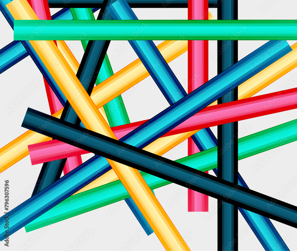 Poster A triangle, rectangle, and various colorful sticks in magenta and electric blue are stacked in a symmetrical pattern, creating an art piece inspired by visual arts and illustration