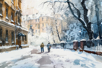 A painting of two individuals walking in a snowy landscape. Suitable for winter-themed designs