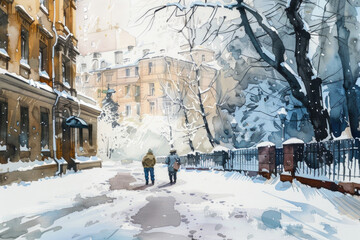 Fototapeta premium A painting of two individuals walking in a snowy landscape. Suitable for winter-themed designs