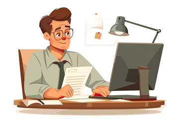 Cartoon Illustration Office employee analyzing the financial situation of the company isolated on white