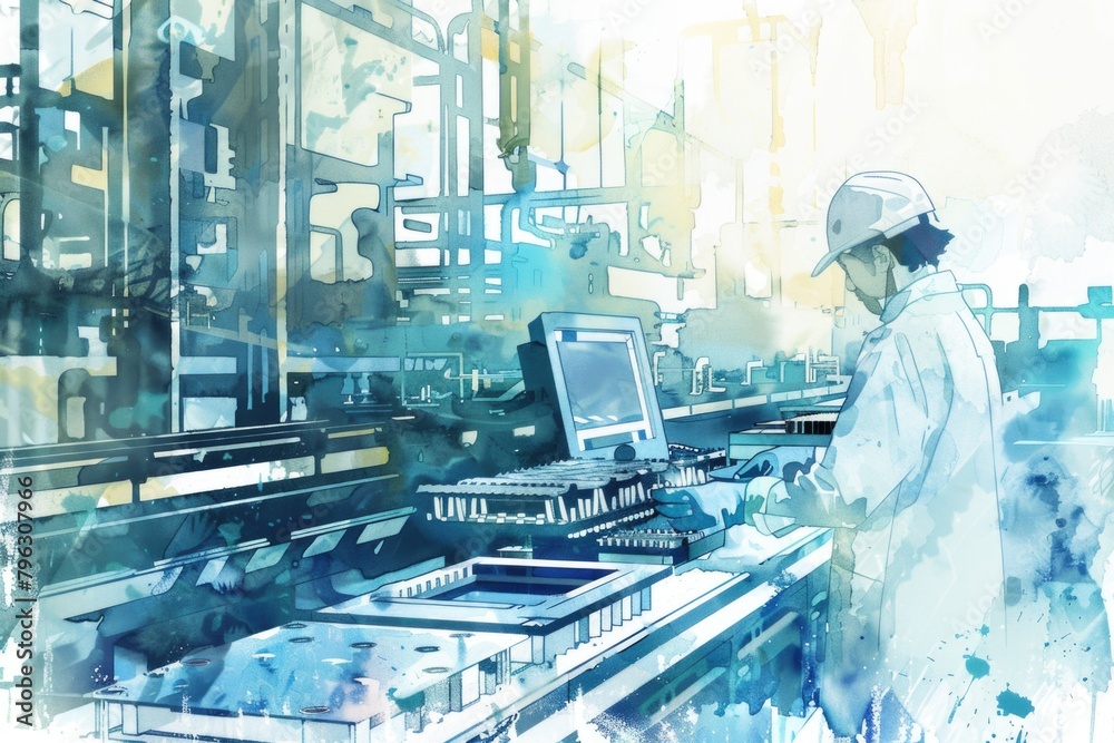 Poster A woman in a lab coat working on a computer. Suitable for science and technology concepts