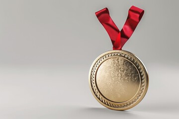 A shiny gold medal with a red ribbon, suitable for awards and achievements