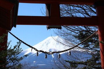 Japanese traditional shrine gate with Mount Fuji