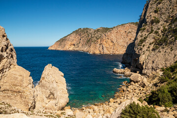 Beautiful small cove near Portitxol in the northern coast of Ibiza, Sant Joan de Labritja, Balearic Islands, Spain