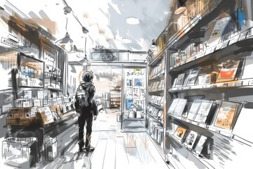 Obraz premium A drawing of a person browsing books in a bookstore. Ideal for illustrating reading or education concepts
