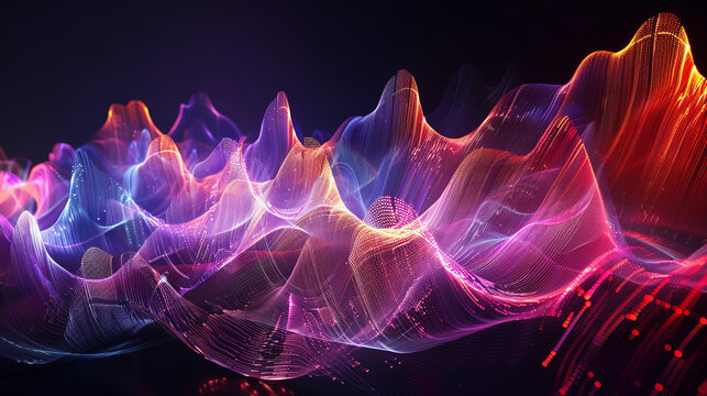 Sci-fi background of glowing electron particles. The particles form a wave-like network. Digital Particle Transfer Concept