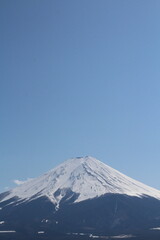 Mount Fuji with sunny blue sky and lake in Japan