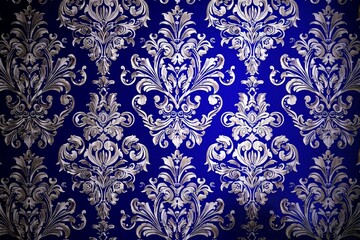 Opulent Royal Blue and Silver Damask Wallpaper.