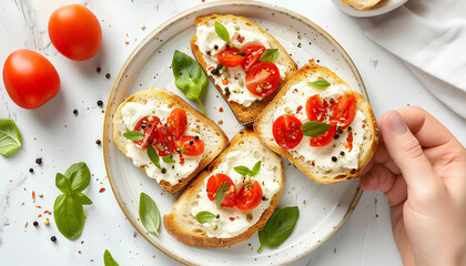 Plate of tasty toasts with cream cheese on white tile background - obrazy, fototapety, plakaty